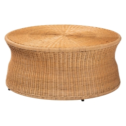 bali & pari Caroline Round Natural Rattan Coffee Table - Handwoven Wicker Drum Shape Accent Table for Living Room or Sunroom, Light Honey